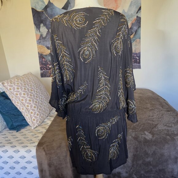 BoYod Black Hand Beaded Peacock Feather Dress S Boho Semi Sheer - Picture 8 of 16